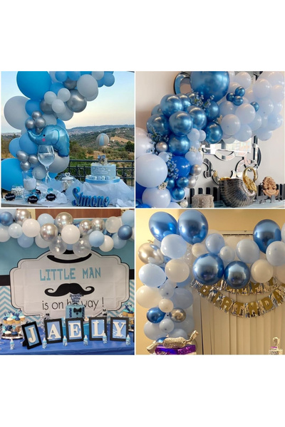 Toyska Set of 10 Chrome Latex Balloons, Party Model, 23 cm, Different Shades of Blue