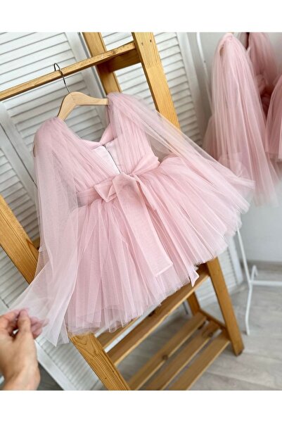 Asel Kids KIZ ÇOCUK PUDRA PELERİN KOL DETAYLI ABİYE ELBİSE