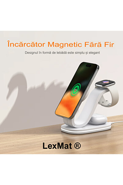 LexMat Incarcator Wireless 3-in-1 magnetic B-28 ®, Incarca Rapid Telefonul, Ceasul si Castile