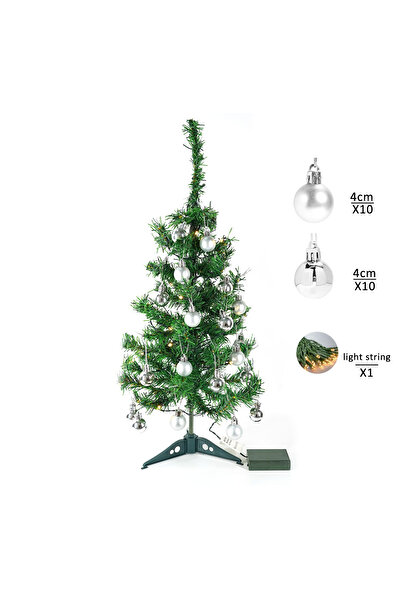 Toyska Brad Artificial Impodobit, 60 cm, instalatie luminoasa 20 LED alb cald + 20 globuri argintii incluse