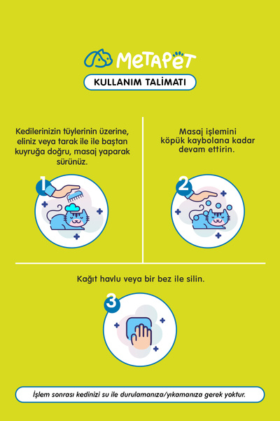 Metapet Hassas Ciltli Kediler Için Kuru Şampuan, Doğal Tüy Bakım Ürünü, Durulanmayan Susuz Köpük Yıkama