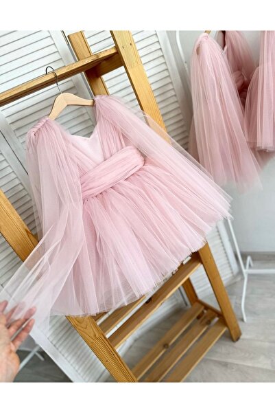 Asel Kids KIZ ÇOCUK PUDRA PELERİN KOL DETAYLI ABİYE ELBİSE