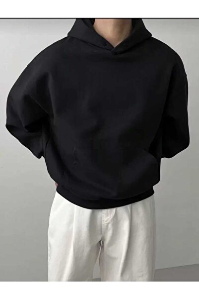 blackbonds Unisex Düz Siyah Kapüşonlu Sweatshirt