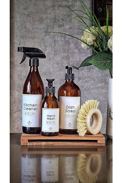 KHAKMA 3 قطع من سائل غسيل الأطباق الزجاجي الكهرماني وموزع الصابون السائل مع حامل خشبي وفرشاة 500 مل