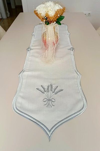 NAKIŞHAN Başak 100% Linen (Embroidered) Runner-Grey