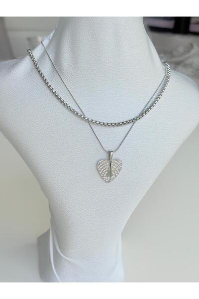 NİSA HOME Çelik Zirkon Taşlı Açılan Melek Kalp Detaylı Çift Zincirli Kadın Ko...