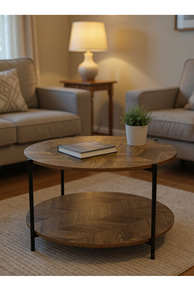 Living طاولة قهوة خشبية ذات مستويين مع أرجل حديدية