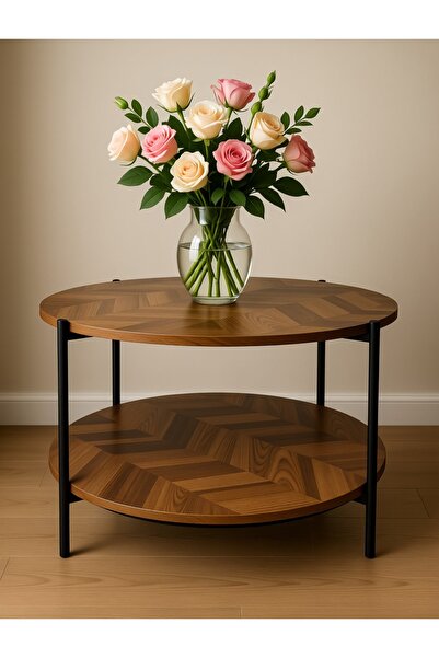 Living طاولة قهوة خشبية ذات مستويين مع أرجل حديدية