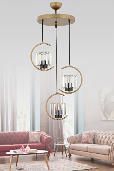 ESSLİGHT Eftal 3 Lü Eskitme Sarkıt Avize Kristal Taşlı Modern Dekoratif Aydınlatma