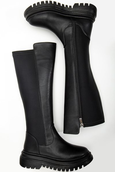 AYAKKABI MEET Női fekete bőrcsizma, cipzáras, térd alatti, alkalmi csizma, sztreccs részletekkel