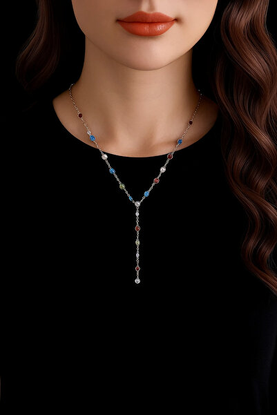 Xido GÜMÜŞ renk oval renkli uzunluk ayarlanabilir Y kolye, sevgiliye hediye, ...