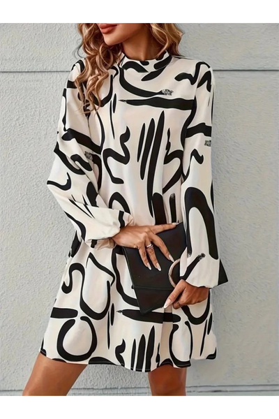 TBL DEKOR Women's Long Sleeve Turtleneck Patterned Ruffled Diving Dress