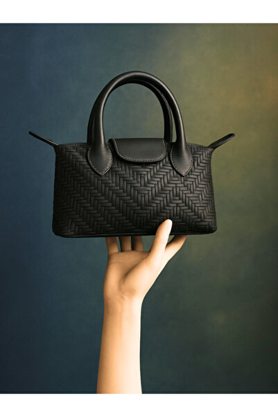 Pinkylola LC MİNİ MODEL Siyah Hasır baskılı Hakiki Deri Askılı & El Çanta (li...