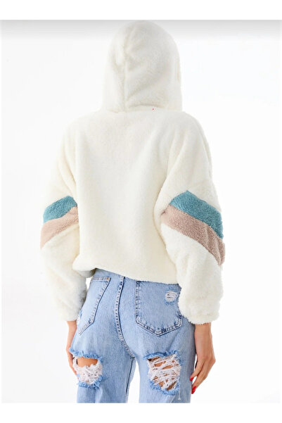 machiavelli Women's White Hooded Zippered Plush Cardigan with Elastic Waist