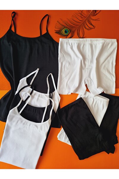 Demirsa Boutique Cotton Ribbed Black and White Women's Rope Strap 4-Piece Tank Top and Panty-Shorts Set