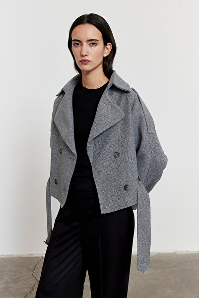 FACETTE Kadın Gri Apoletli Kısa Kaşe Kaban