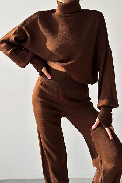 bayansepeti Γυναικεία ραμμένα στο χέρι Καφέ Πλεκτά Παντελόνια Crop και Ψηλόμεση Καφέ Πλεκτά Παντελόνια 015