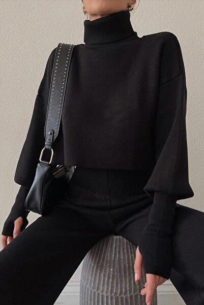 lovebox Handmade Black Knitwear Crop Top and High Waist Black Knitwear Trousers Double Set 015