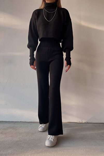 bayansepeti Handmade Black Knitwear Crop Blouse and High Waist Black Knitwear Trousers Double Set 015