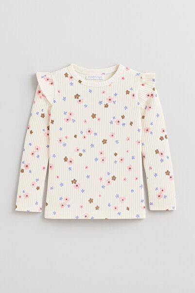 mini kanka 3-7 Yaş Kız Çocuk Çiçek Desenli Fırfırlı Uzun Kollu Bluz