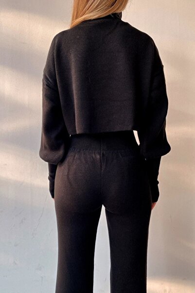 bayansepeti Handmade Black Knitwear Crop Blouse and High Waist Black Knitwear Trousers Double Set 015