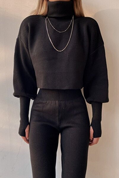 bayansepeti Handmade Black Knitwear Crop Blouse and High Waist Black Knitwear Trousers Double Set 015