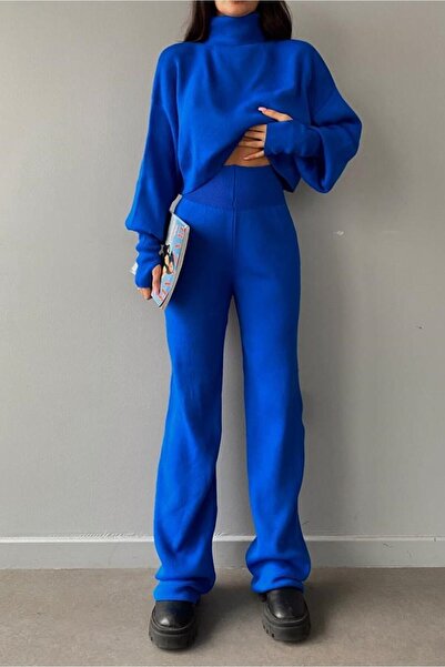bayansepeti Embroidered Saks Blue Knitwear Crop Blouse and High Waist Knitwear Trousers Double Set 015