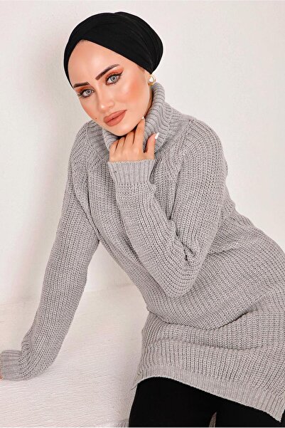 TRENDTESETTÜR Women's Gray Turtleneck Slit Knitwear Tunic 7092