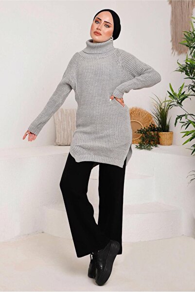 TRENDTESETTÜR Women's Gray Turtleneck Slit Knitwear Tunic 7092