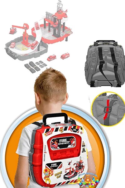 Oruç Oyuncak Garage Playset Portable Garage Track with Backpack Fire Department Set with Human Figures