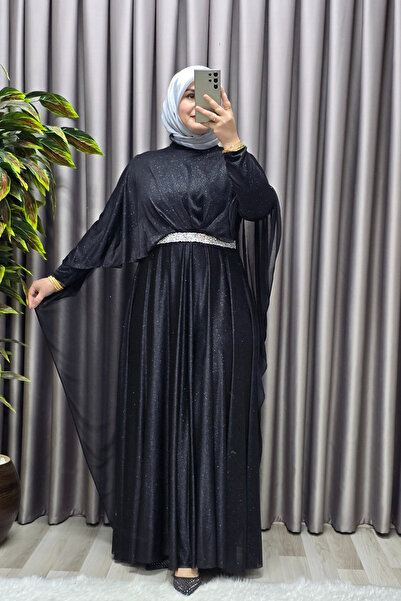 Elmas Tesettür Kadın Tesettür Büyük Beden Giyim Simli Pelerinli Abiye