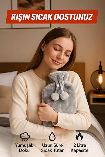 TOYFEST 2 Litre Ponponlu Yumuşak Peluş Sıcak Su Torbası Gri