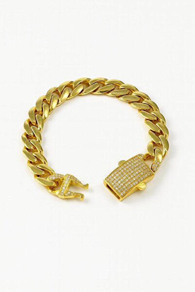 Desing 925 Ayar Gümüş Gurmet Kadın Bileklik Altın Kaplama Kalın Zincir Şık Ta...