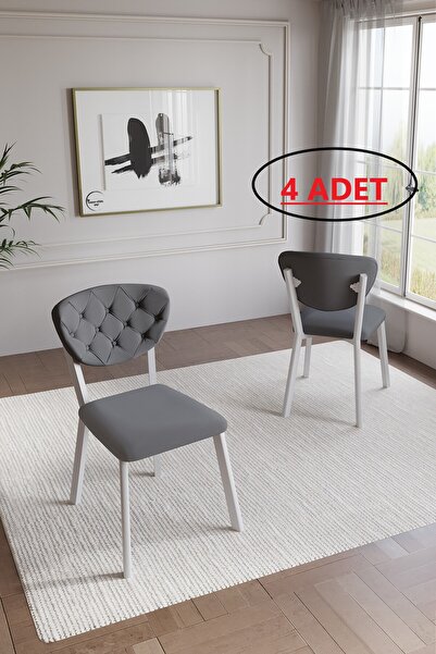 BY ORHAN GÜZEL Elma Sandalye 4 Lü Beyaz Kapitoneli Mutfak Sandalyesi