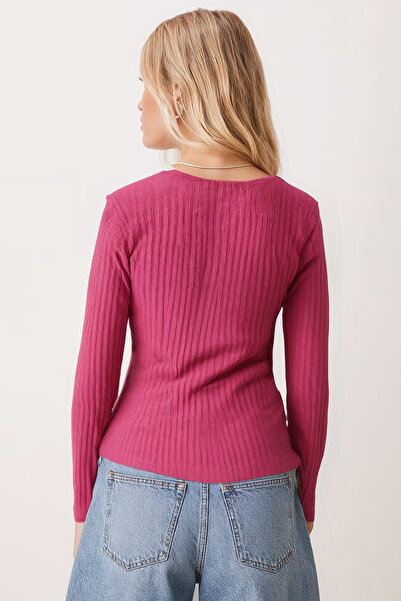 armonika Kadın Fuşya V Yaka Uzun Kollu Önü Büzgülü Yumuşak Dokulu Likralı Bluz ARM-26K001014