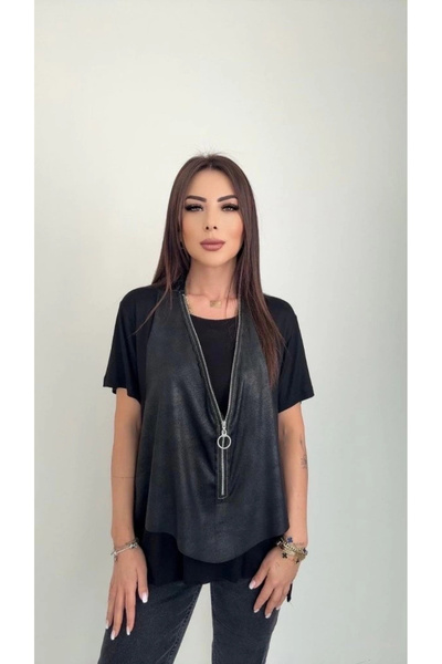 ARONA Mdb Women's Short Sleeve Round Neck Viscose Blouse + Sleeveless Zippered Cracked Leather Vest