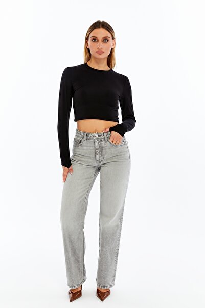 VERANOYA Round Neck Hand-Tied Long Sleeve Crop Black