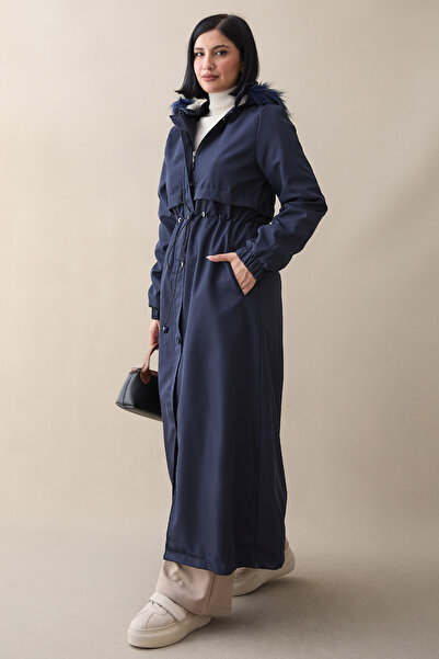 InStyle Dámsky dlhý kabát v námorníckej modrej s obráteným vreckom 2204