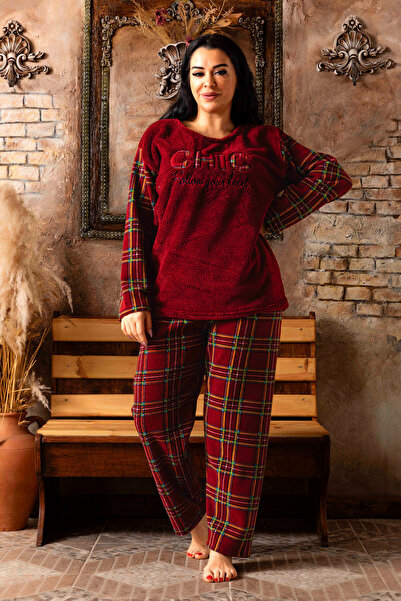 BAMBUTKİDS Plus Size Women's Fleece Plush Pajama Set – Warm and Soft Winter Sleepwear Set