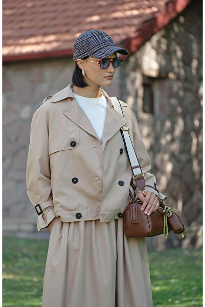 Fatma Atasoy Kol Apoletli Sütlü Kahve Midi Trenç Ceket