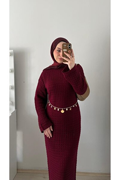 Marselline Bordo Astarlı Örme Elbise