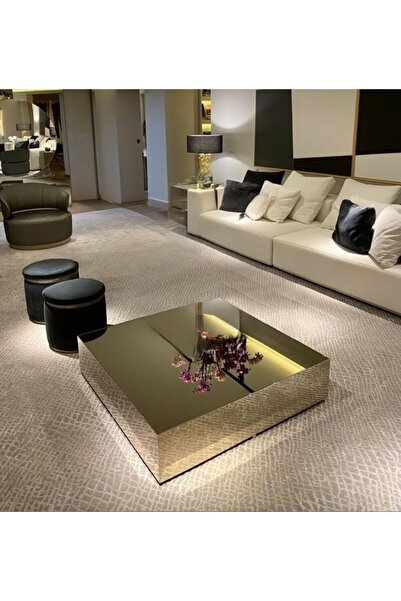 LUXURY VİLLA KOMPLE GOLD AYNALI TEKERLEKLİ ORTA SEHPA 100X100 YÜKSEKLİK 30CM