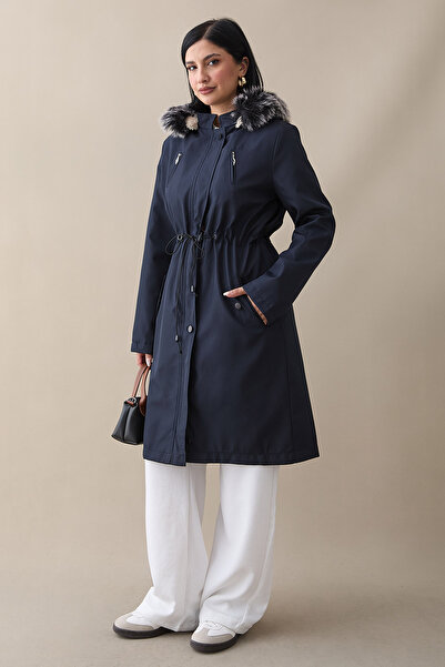 InStyle Γούνινο παλτό με φερμουάρ - Navy Blue