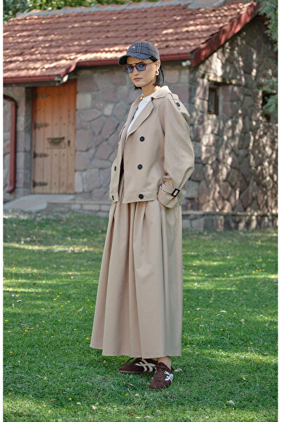 Fatma Atasoy Kol Apoletli Sütlü Kahve Midi Trenç Ceket