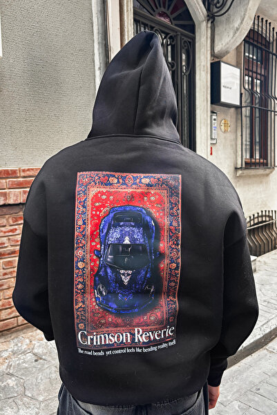 Sekizbiraltı Hanorac negru oversize unisex cu imprimeu Crimson Reverie