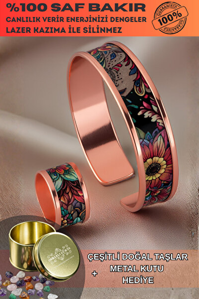 OSMANLI GÜMÜŞ Women's Copper Bracelet Ring Set - Ahri Model Special Edition Metal Box and Quartz Stone