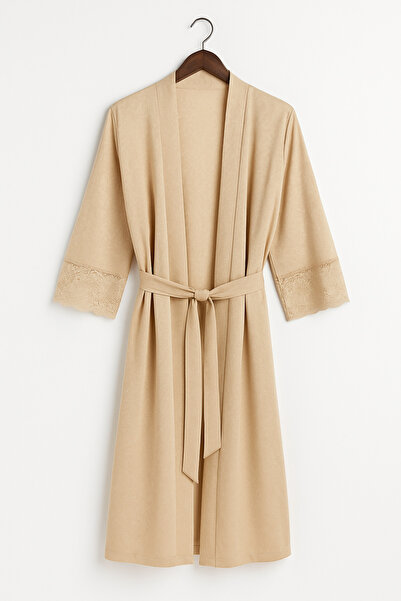 cherry queen Women's Beige Jacquard Lace Detailed Premium Nightgown & Robe Set – Special Boxed