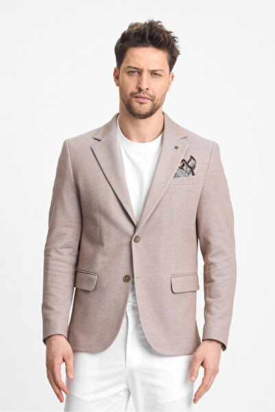 Frappoli Abrines Erkek Sütlü Kahverengi Pamuklu Likralı Esneyen Kumaşlı Slim Fit Spor Blazer Ceket
