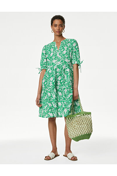 Marks & Spencer Saf Pamuklu Çiçek Desenli Mini Elbise