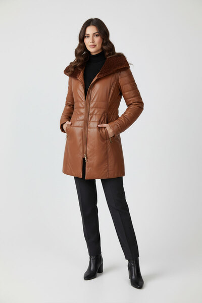 Deriderim Tan Madelyn Fur Detailed Fixed Hooded Belted Zippered Lined Women's Genuine Leather Coat